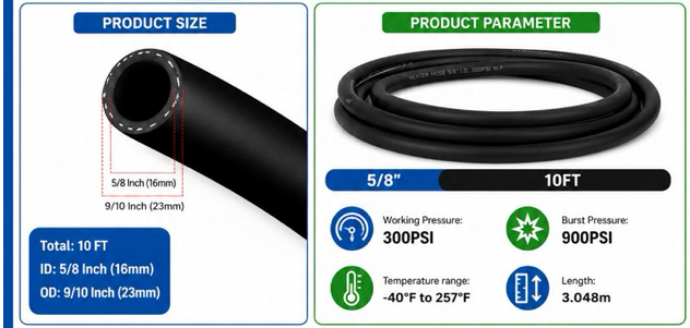 Aain 5/8" Heater Hose Coolant Radiator Hose Working Pressure 300PSI 10FT Black